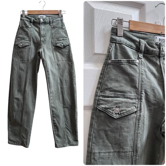 Paige Alexis Size 24 Vintage Ivy Green Cargo Jeans 27 Inch Inseam - Picture 2 of 12